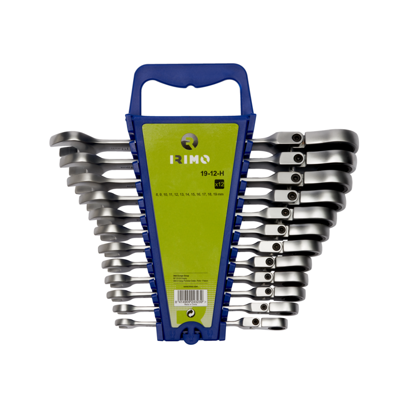 Juego de llaves combinadas de cabeza flexible con carraca y soporte