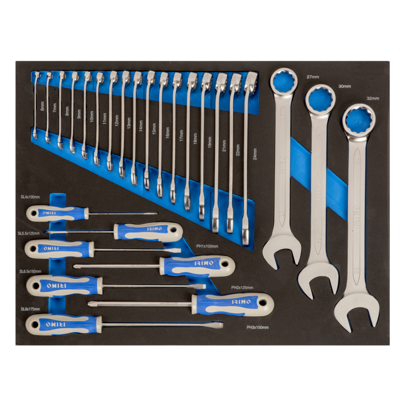 Llaves combinadas y destornilladores en foam 3/3 (27 piezas)