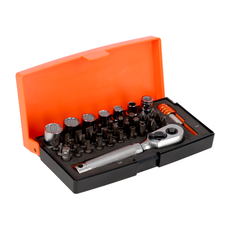 Juego de llaves de vaso de 1/4" con perfil métrico bi-hex y puntas de destornillador/portapuntas - 39 piezas