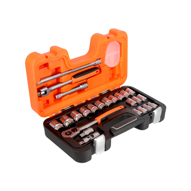 Juego de vasos de 1/2" con perfil estriado en mm y carraca - 24 piezas