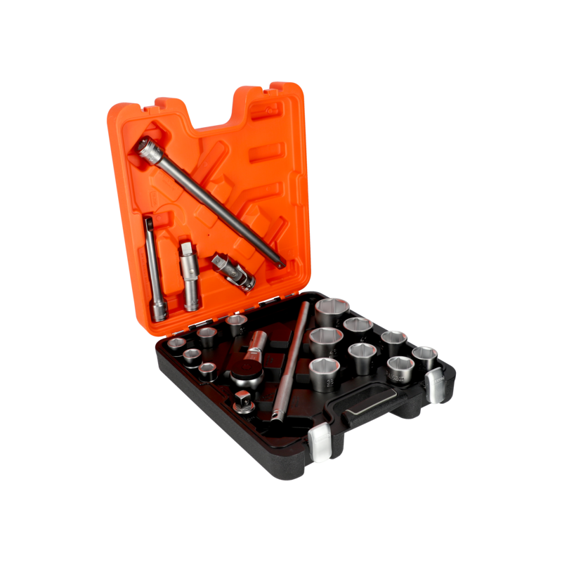 Juego de llaves de vaso de 3/4" con perfil hexagonal métrico y cabeza de carraca - 20 piezas/caja