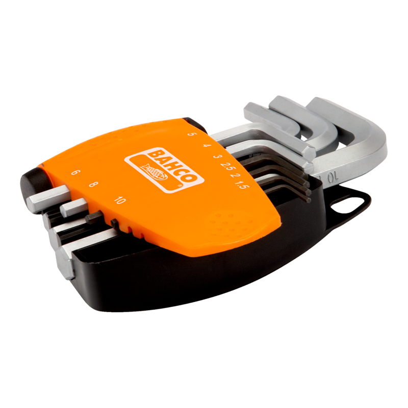 Juego de 9 llaves tipo allen hexagonales métricas con acabado fosfatado/cromado y soporte bi-componente compacto